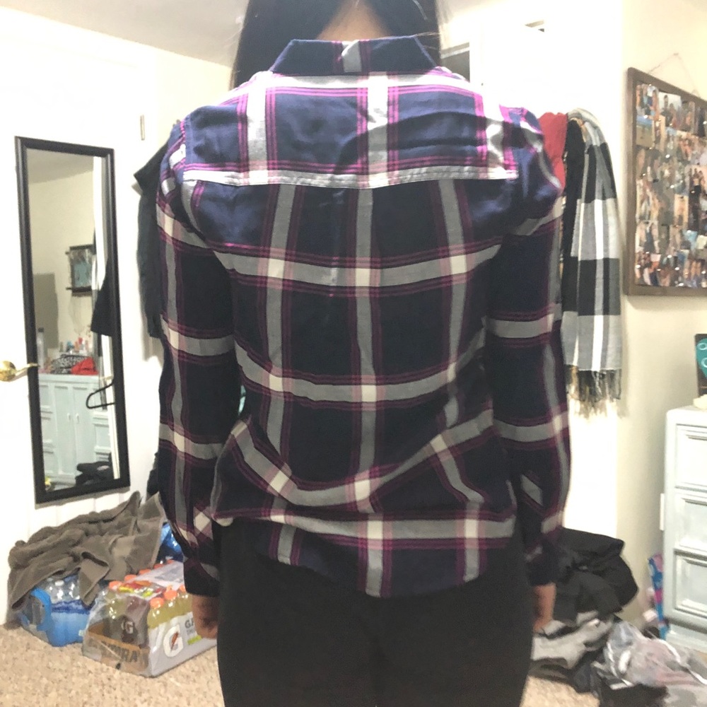 A purple, blue and white flannel